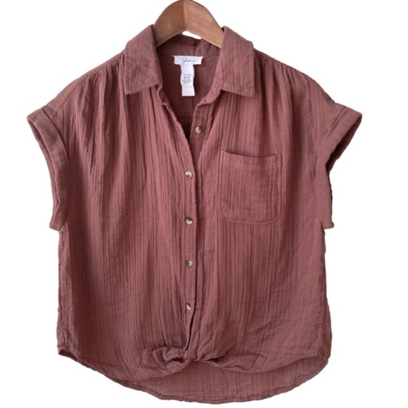 Japna Cap Sleeve Tank Top Button Up Warm Brown Loose Fit Front Tie Women Size M - Picture 2 of 10